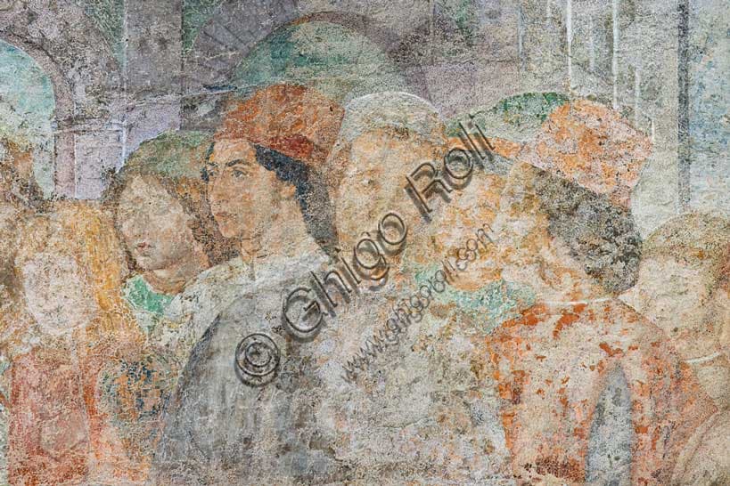 Particolare dell'affresco Giuseppe alla corte del faraone di Benozzo Gozzoli, Camposanto Monumentale di Pisa, con gruppo di uomini in abiti rinascimentali