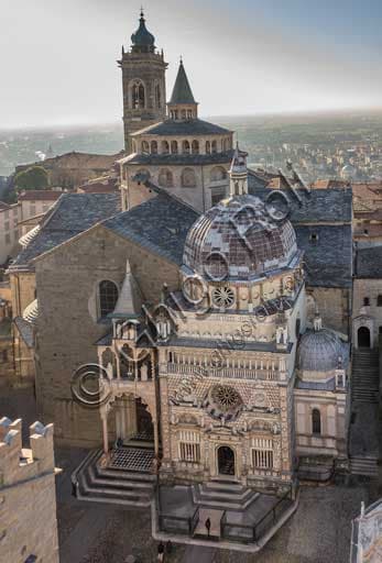 Panoramic view of Piazza Duomo in Bergamo's Città Alta from the Campanone Tower, showing Santa Maria Maggiore Basilica, Colleoni Chapel and Baptistery