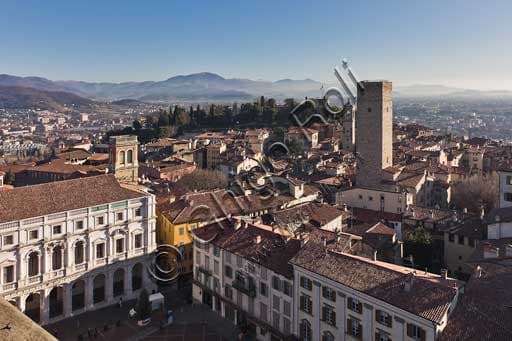 Bergamo Città Alta panoramic view from Civic Tower Campanone with Palazzo Nuovo and Gombito Tower