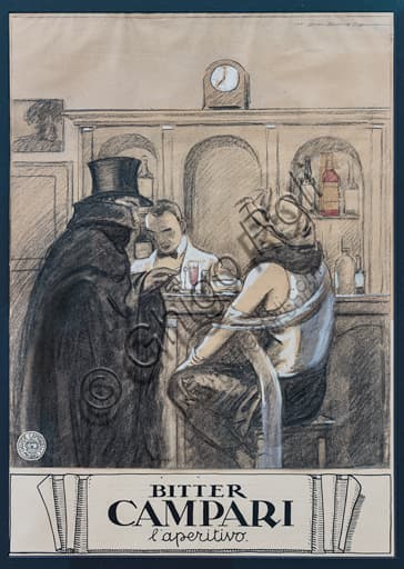 Artwork 'Bitter Campari aperitif' by Marcello Dudovich, pastel and Indian ink on paper, vintage advertising detail