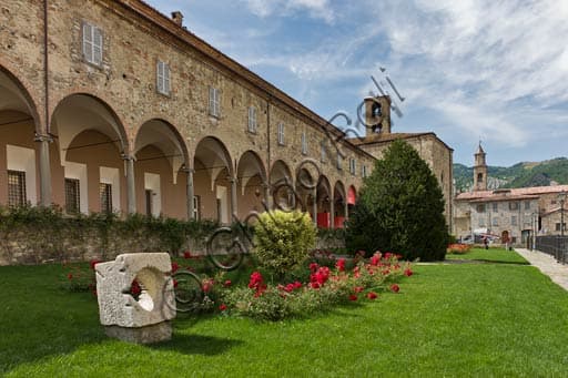 External stone porch of St. Colombanus Abbey in Bobbio, Emilia-Romagna, Italy