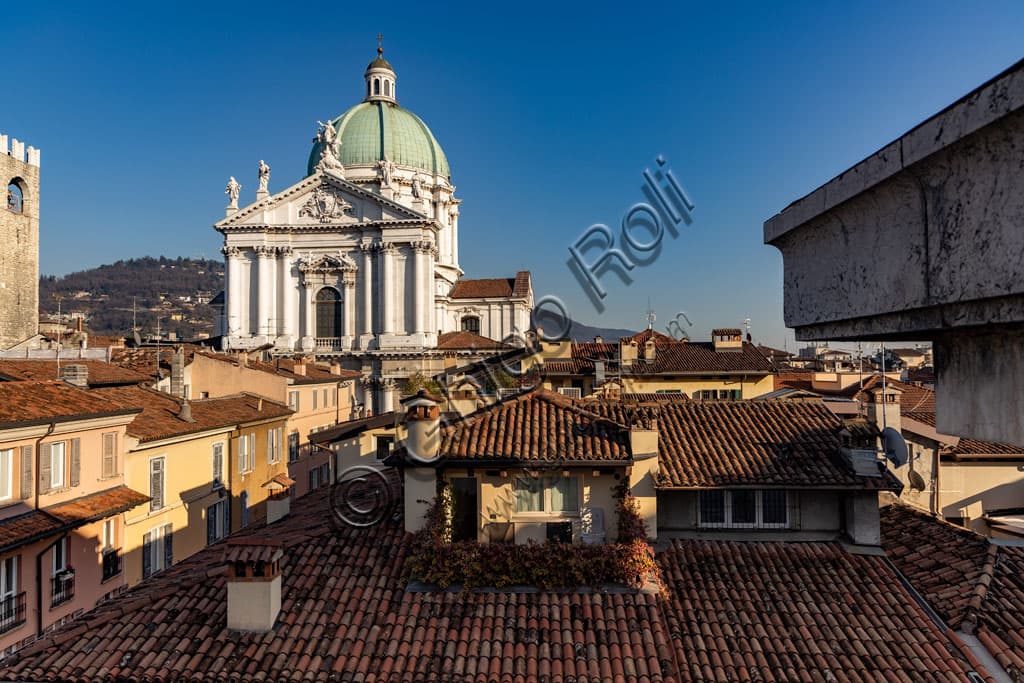 Panoramic view of Brescia Italy showing the Pégol Tower and dome of the Baroque New Cathedral, taken from the Grand Hotel Vittoria
