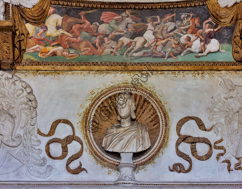 Marble female bust, sculptural detail, Chamber of the Eagles at Palazzo Te in Mantua