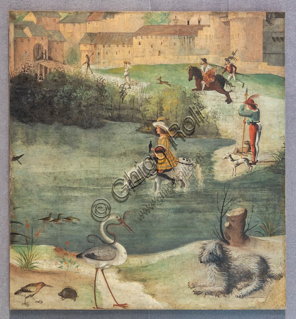 Detached fresco Falconry by Floriano Ferramola, Pinacoteca Tosio Martinengo Brescia Italy