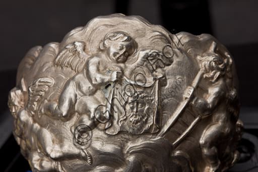 Gilded silver chalice 16th century, detail with angel and portrait of Christ, Museum of the Treasury San Lorenzo Genoa