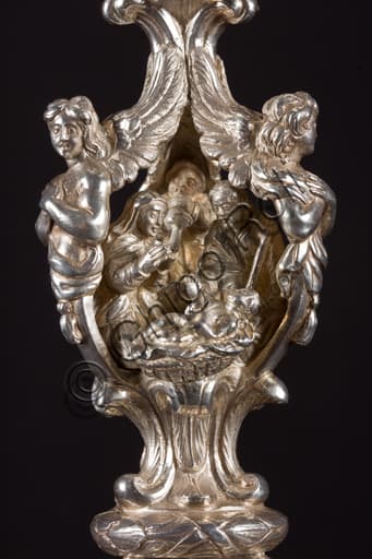Detail of the Nativity scene on the node of the Chalice of the Fathers of Comune, embossed and gilded silver, Museum of the Treasury of the Cathedral of San Lorenzo, Genoa.