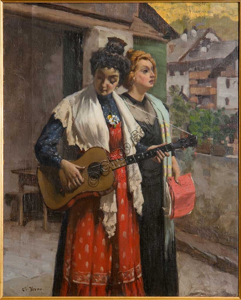 Dipinto Festa dell'Uva a Chambave di Camillo Verno, olio su tela della collezione Assicoop-Unipol