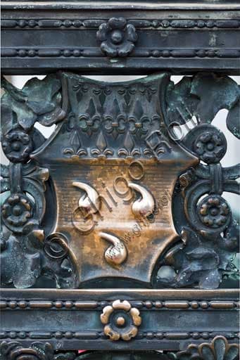 Detail of wrought iron gate at Colleoni Chapel with Bartolomeo Colleoni emblem, Bergamo Alta