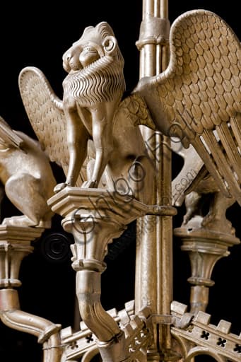 Detail of the candlestick with the symbol of the Evangelist St. Mark, Genoa Cathedral, work of Dinant manufacture from the 15th century.