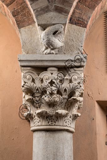 Sculptural detail of the Corinthian capital with a bird in the abacus protome, Ghirlandina Tower in Modena, Campionese Masters