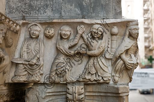 Romanesque sculpture of the capital with Dalila and two dancing girls, Genoa Cathedral, St. Gotthard doorway.