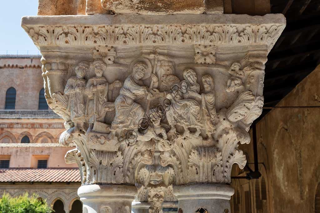 Scultura romanica del capitello E24, Chiostro di Monreale (Palermo): scena della Resurrezione di Cristo e Discesa al Limbo, XII secolo.