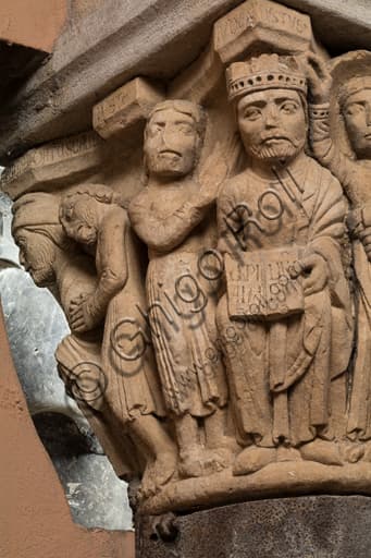 Detail of the Romanesque sculpture 'Capital of the Judges', Ghirlandina Tower Modena Italy