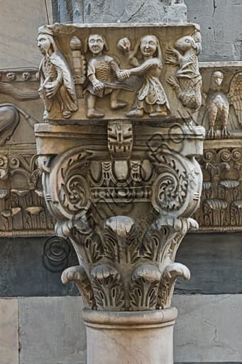 Sculpted capital with King David playing harp, St. Gotthard doorway, St. Lawrence Cathedral Genoa Italy