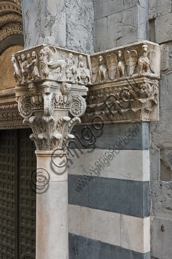 Sculptural detail of the capital with aerie of eagles and scene of the Flight into Egypt, St. Gotthard doorway, Genoa Cathedral