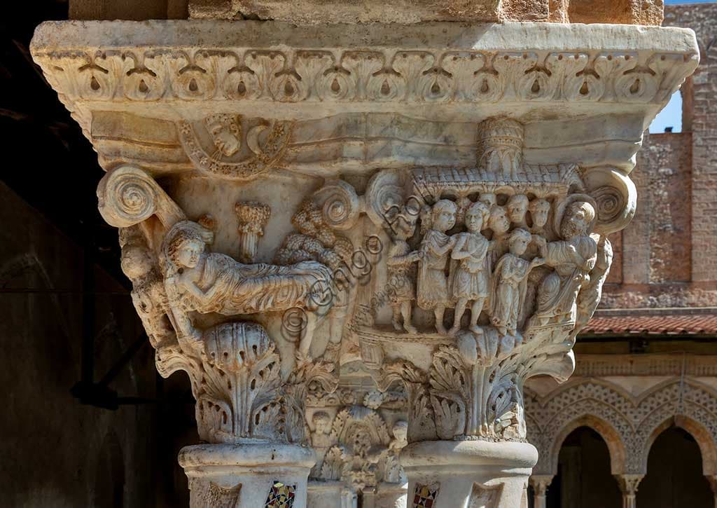 Scultura del capitello E 18 con Storie di Giuseppe, Chiostro del Duomo di Monreale, Palermo