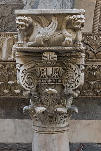 Sculptural detail left capital dosseret St Gotthard doorway Genoa Cathedral eagles dragons