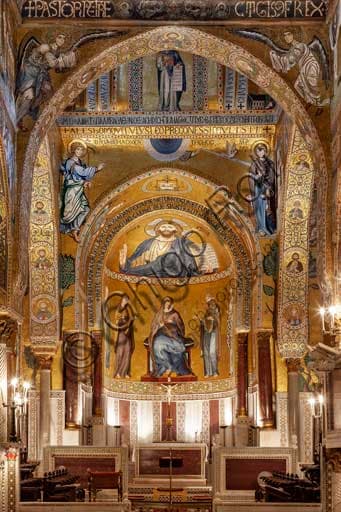Interior view of the Palatine Chapel in Palermo with Norman mosaics in the apse, Christ Pantocrator and apostolic figures