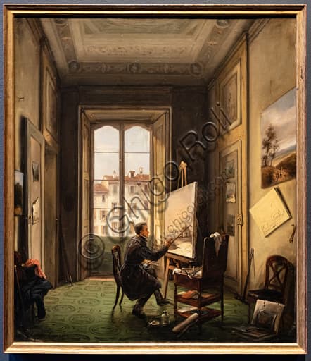 Ritratto del pittore Giuseppe Canella nel suo studio a Milano, dipinto a olio su tela del 1837 di Carlo Canella