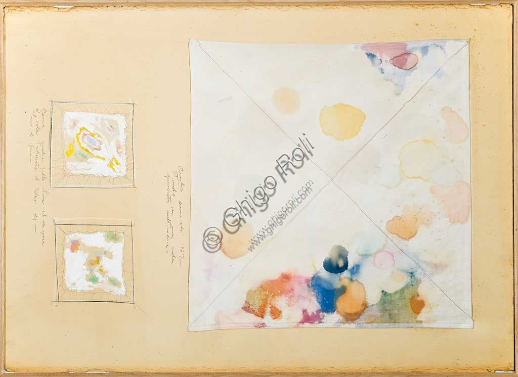 Studio per una vela quadrata multicolore, dipinto moderno di Carlo Cremaschi (1943), tecnica mista su cartone