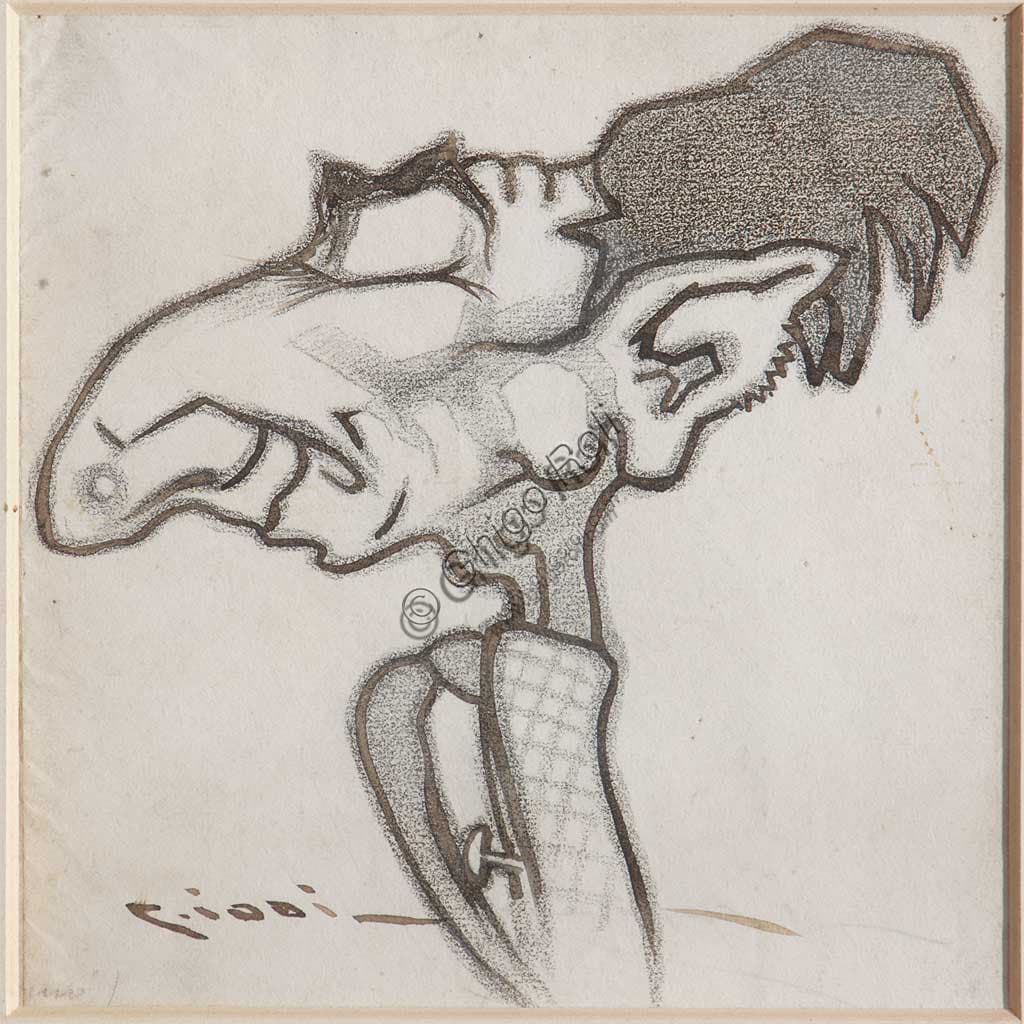 Disegno a inchiostro e carboncino di Casimiro Jodi, ritratto del pittore Giovannini