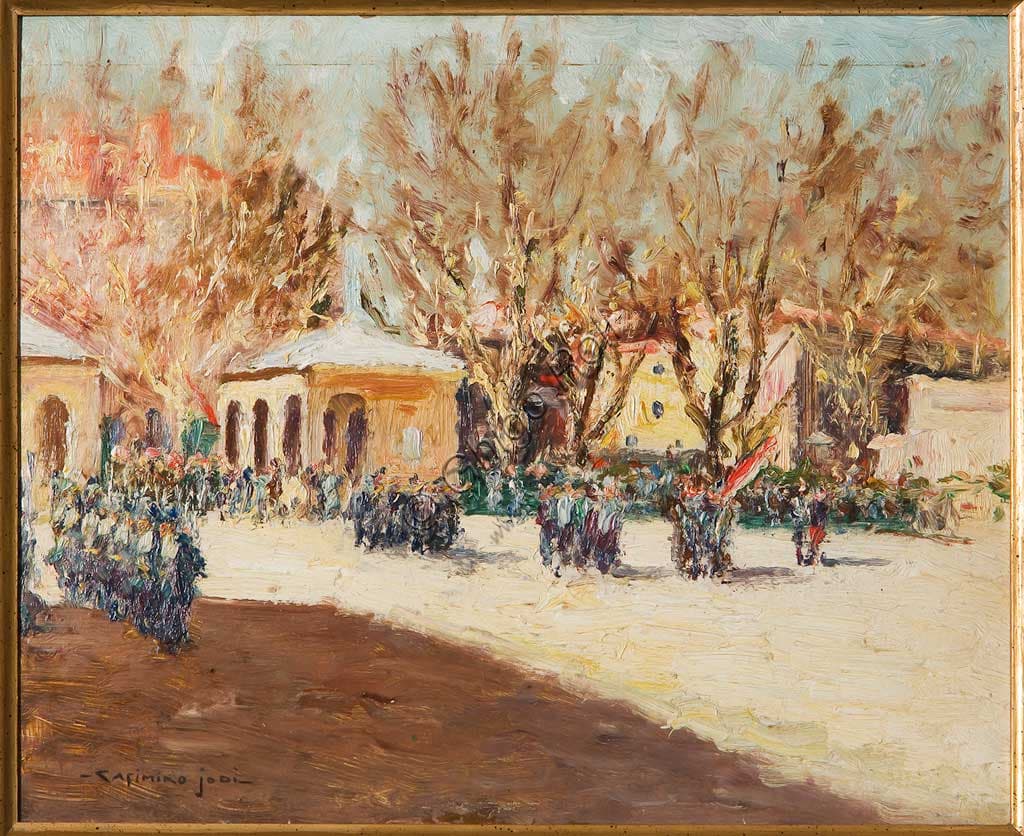 Casimiro Jodi Parata Militare dipinto olio su cartone 27x35 cm collezione Assicoop Unipol