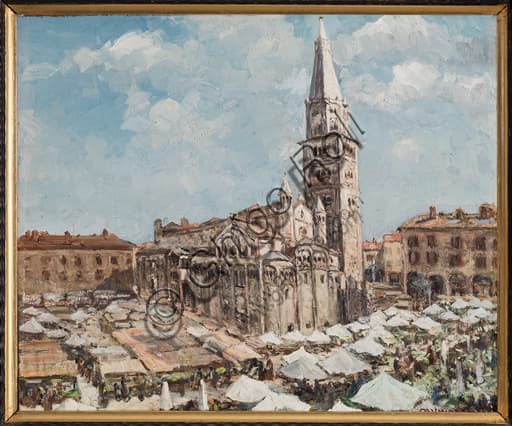Casimiro Jodi, Piazza Grande di Modena, dipinto ad olio su tavola che raffigura la piazza storica della città emiliana
