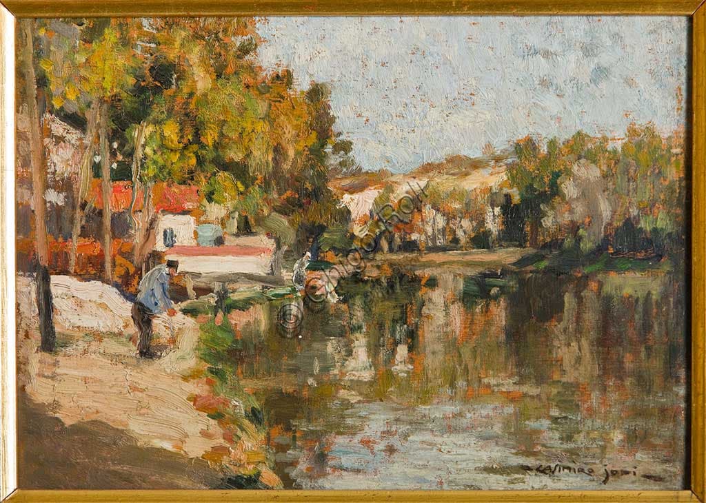 Dipinto Sul Naviglio di Casimiro Jodi, olio su tavoletta, paesaggio fluviale italiano