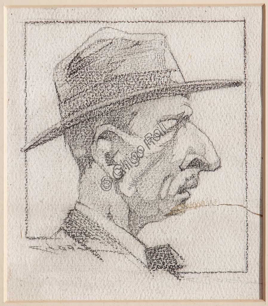 Disegno a matita Uomo con cappello di Casimiro Jodi, particolare del ritratto su carta