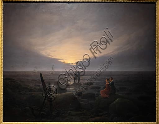 Dipinto Luna nascente sul mare di Caspar David Friedrich, olio su tela con paesaggio marino e luna