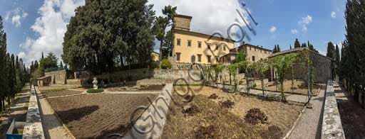 Veduta aerea del borgo medievale del Castello d'Albola con vigneti, a Radda in Chianti, Toscana