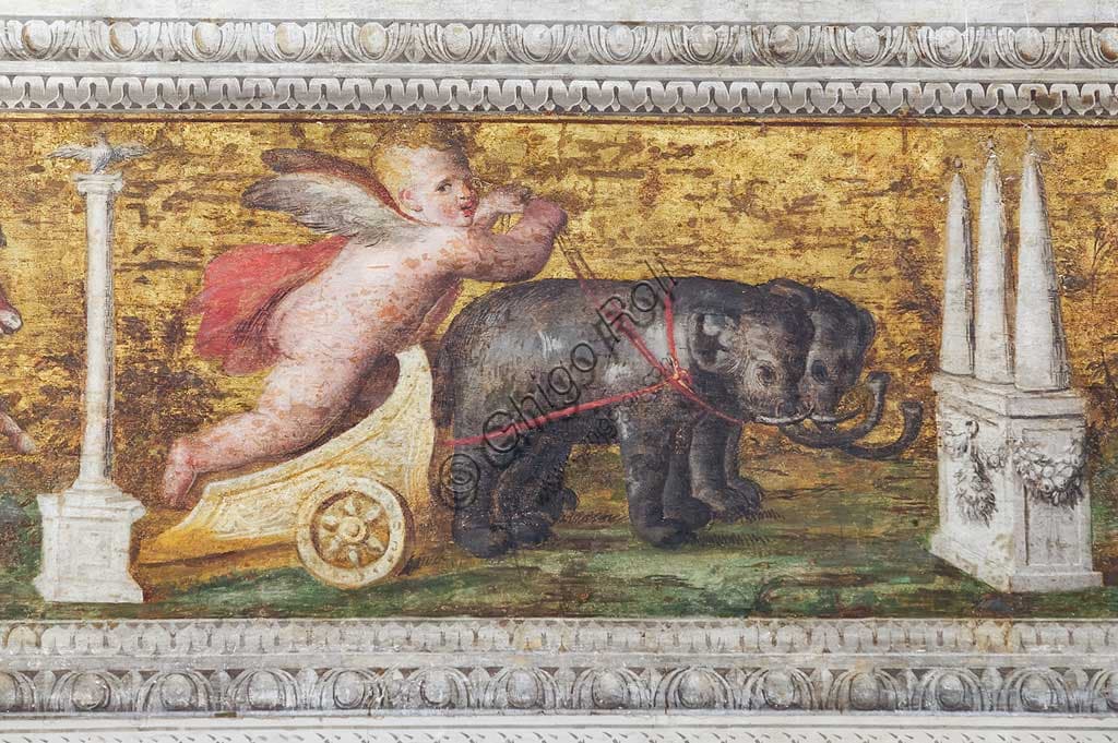 Decorative detail of cornices with putti and chariots, Estense Castle Ferrara