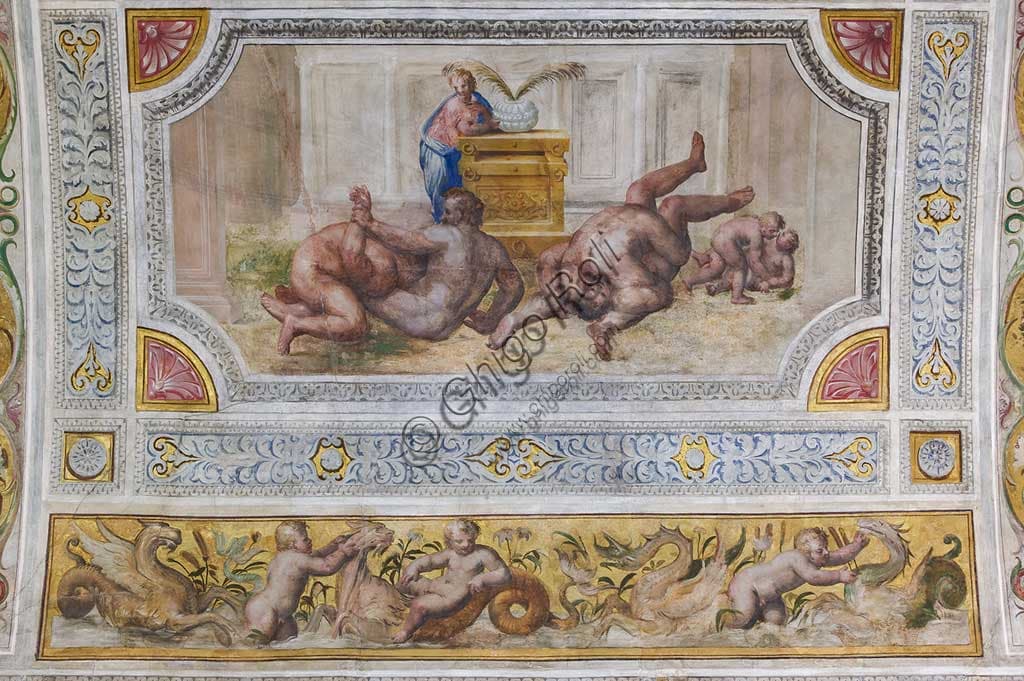Wrestling fresco detail, ceiling of the Hall of Games, Castello Estense Ferrara