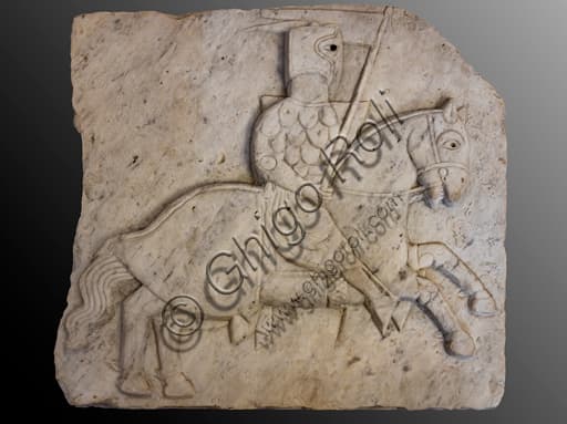White marble sculpture of a medieval jousting knight, Spoleto Rocca Albornoz Museum