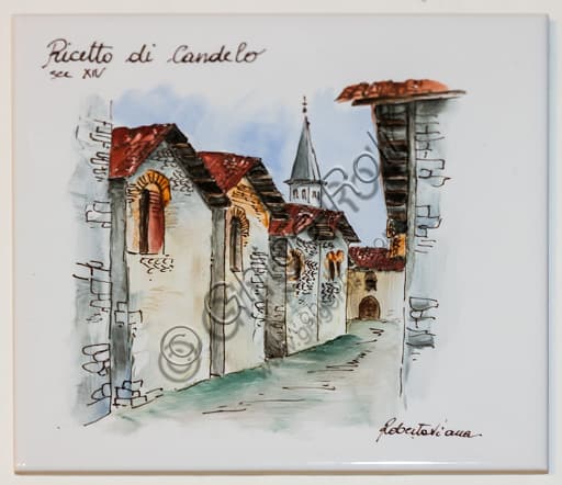 Handmade ceramic depicting the medieval Ricetto of Candelo, Piedmont, Roberta Viana workshop
