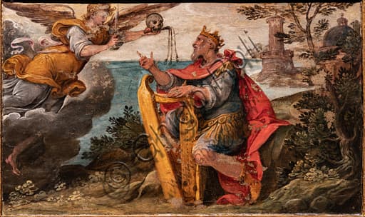 Painting King David penitent in front of the flagellating angel by Cesare Nebbia, three panel artwork