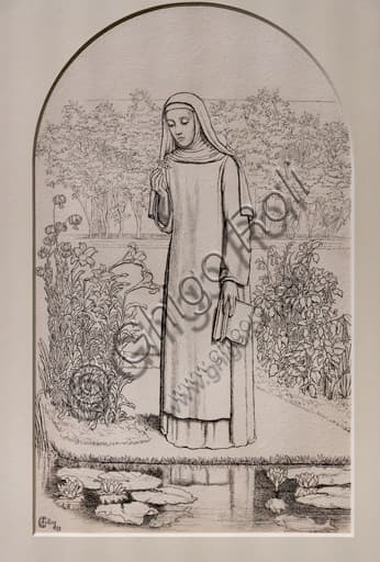Dettaglio del dipinto a inchiostro 'Pensieri monacali' (1853) di Charles Allston Collins, raffigurante una suora in un chiostro.
