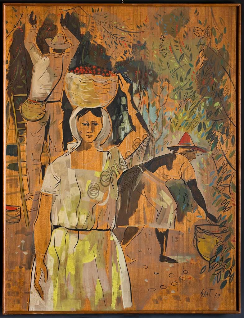 Painting The Coffee Harvest, oil on plywood by Italian artist Claudio Spattini