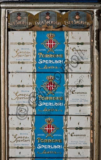 Historic nougat packaging and labels from the Sperlari shop on Solferino Street, Cremona
