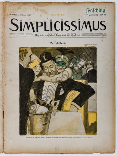 Cover illustration for Simplicissimus magazine issue n.45 by Marcello Dudovich, 1913 satirical letterpress print