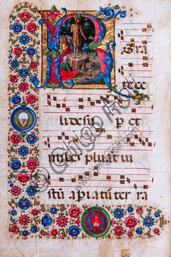 Renaissance illumination Preaching of Saint John the Baptist by Girolamo da Cremona in the Piccolomini Library choir book manuscript