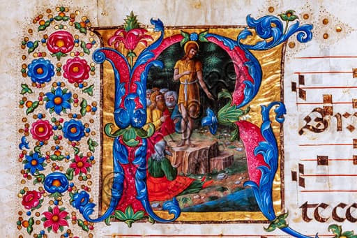 Detail illuminated manuscript Preaching St John Baptist, Girolamo da Cremona, Piccolomini Library