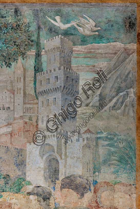 Affresco Torre di Babele Benozzo Gozzoli Camposanto Pisa dettaglio torre albero colombe
