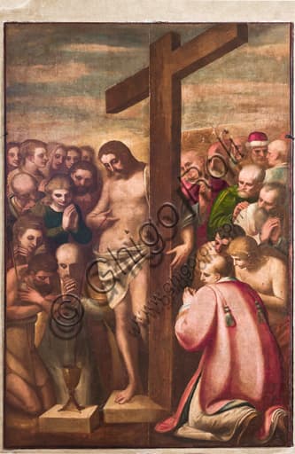 Painting Eucharistic Christ adored by Saints by Luca Cambiaso in the Sacristy of Genoa Cathedral