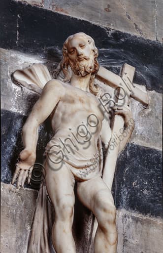 Sculpture of the Risen Christ, marble detail of the Bandini funerary monument on the façade of the Piccolomini Library in Siena Cathedral