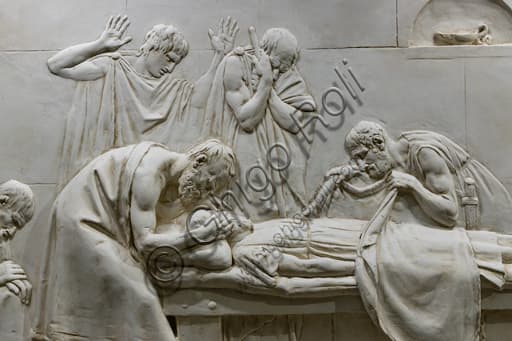 Detail of Antonio Canova plaster sculpture 'Crito closing Socrates Eyes' showing hands and face