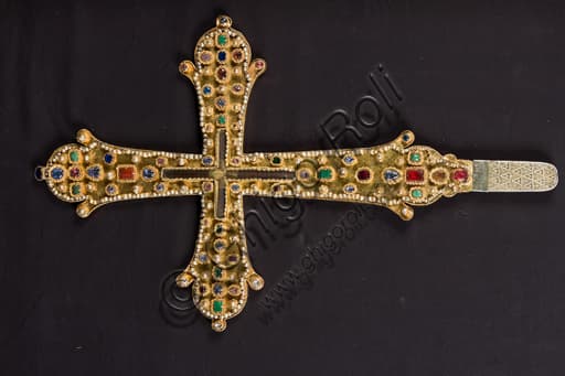 Byzantine cross reliquary known as Of the Zechariahs in gilded silver and gemstones, Treasury Museum of San Lorenzo Cathedral, Genoa