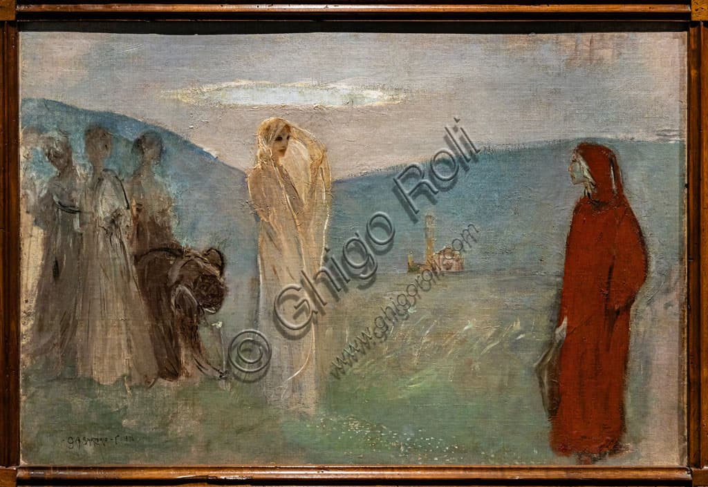 Dipinto Dante e Beatrice, olio su tela su cartone, Giulio Aristide Sartorio 1896