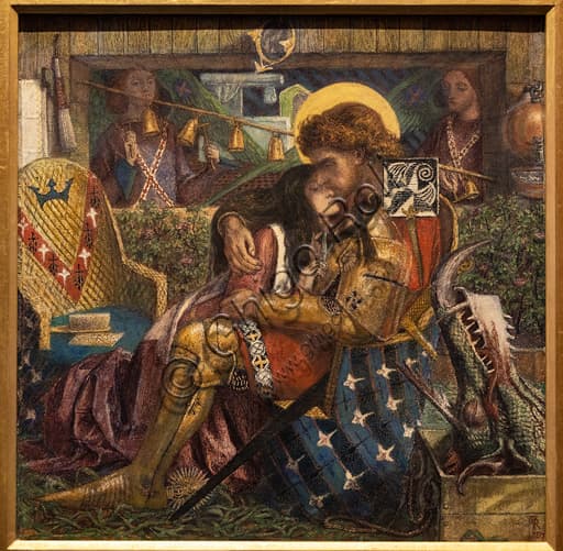 Dettaglio dell'acquarello Le nozze di San Giorgio e della Principessa Sabra di Dante Gabriel Rossetti, 1857