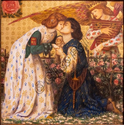Roman de la Rose acquerello di Dante Gabriel Rossetti 1864 donna con fiore preraffaellita